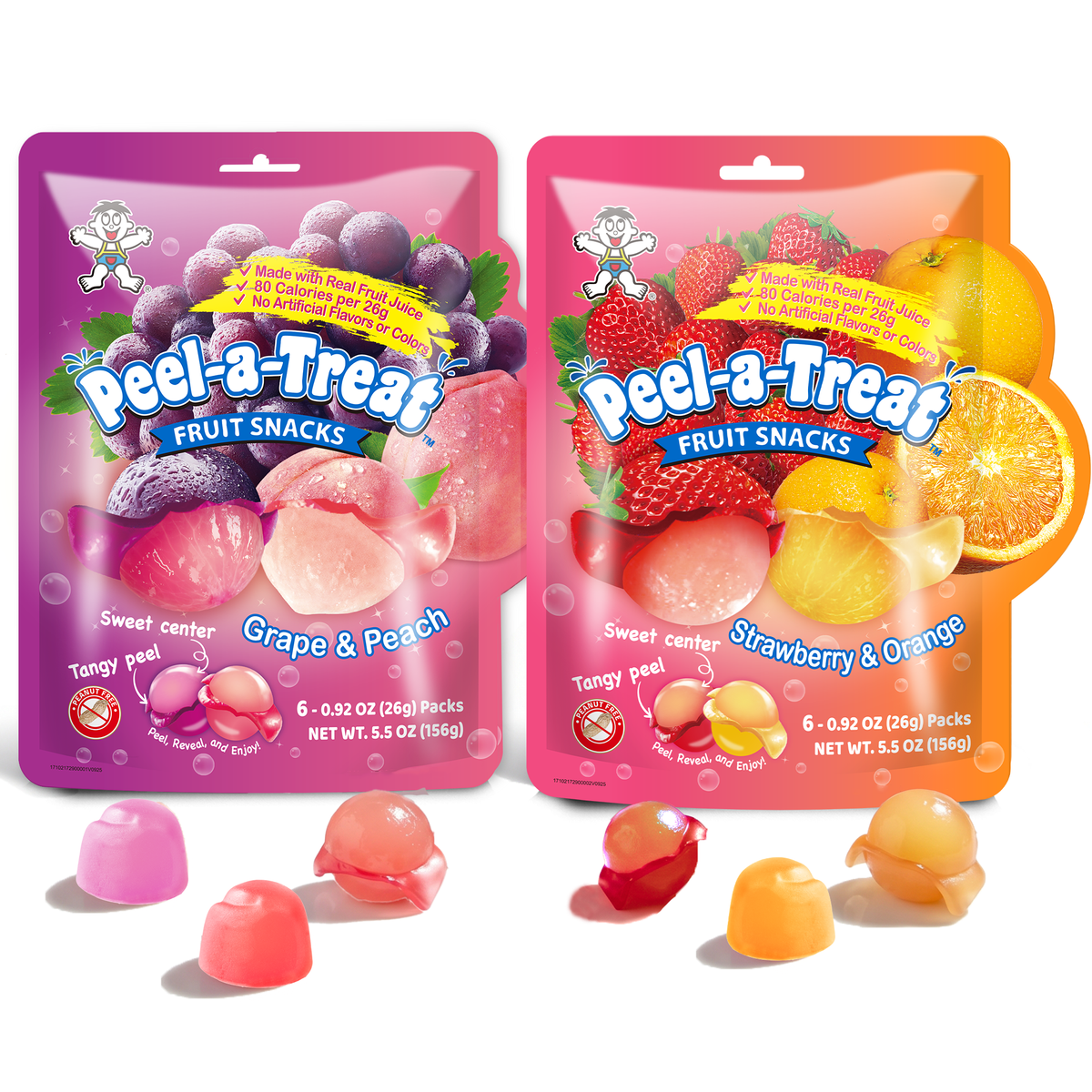 Peel-a-Treat Peelable Fruit Snacks Variety Pack, Grape & Peach and Strawberry & Orange, Made with Real Fruit Juice, 12 Individually Wrapped 0.92 oz Packs (2 Bags)