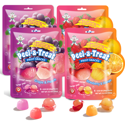 Peel-a-Treat Peelable Fruit Snacks Variety Pack, Grape & Peach and Strawberry & Orange, Made with Real Fruit Juice, 12 Individually Wrapped 0.92 oz Packs (2 Bags)