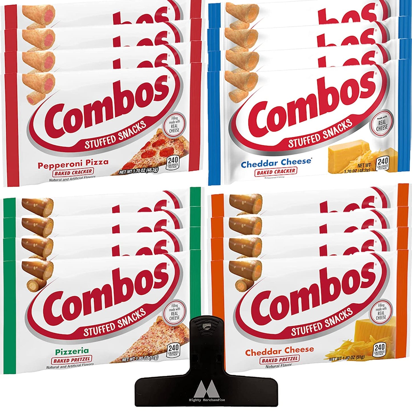 Combos Baked Snacks Variety Pack - Includes 16 Packs - 4 Of Each Flavor(Pepperoni Pizza Cracker, Cheddar Cheese Cracker, Pizzeria Pretzel, Cheddar Cheese Pretzel) - 1.8/1.7 Ounces Each - With Mighty Merchandise Bag Clip