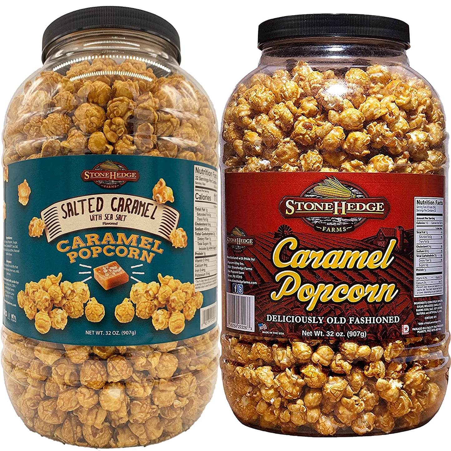 Stonehedge Farms Gourmet Popcorn Barrel Variety Packs - 32 Ounces Each - Two Pack (Caramel + Salted Caramel)